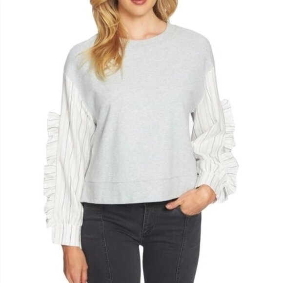 EUC 1. State grey stripe ruffle sleeve sweatshirt, S - Picture 1 of 5